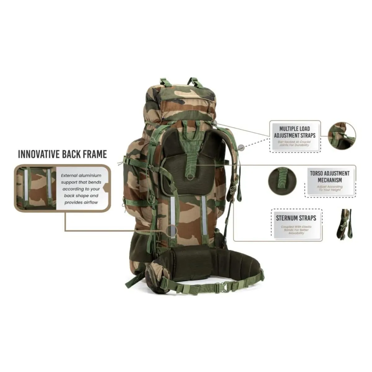 Colonel Pro Metal Frame Rucksack   Detachable Bag & Rain Cover - 105 Litres - Army Green