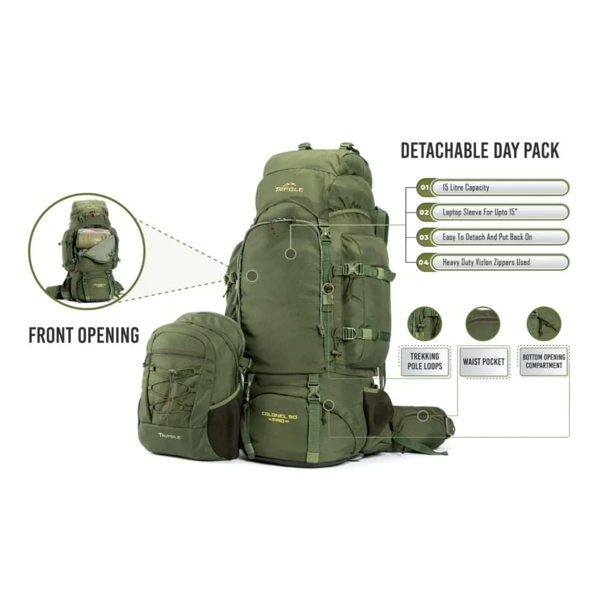 Colonel Pro Metal Frame Rucksack   Detachable Bag & Rain Cover - 105 Litres - Army Green