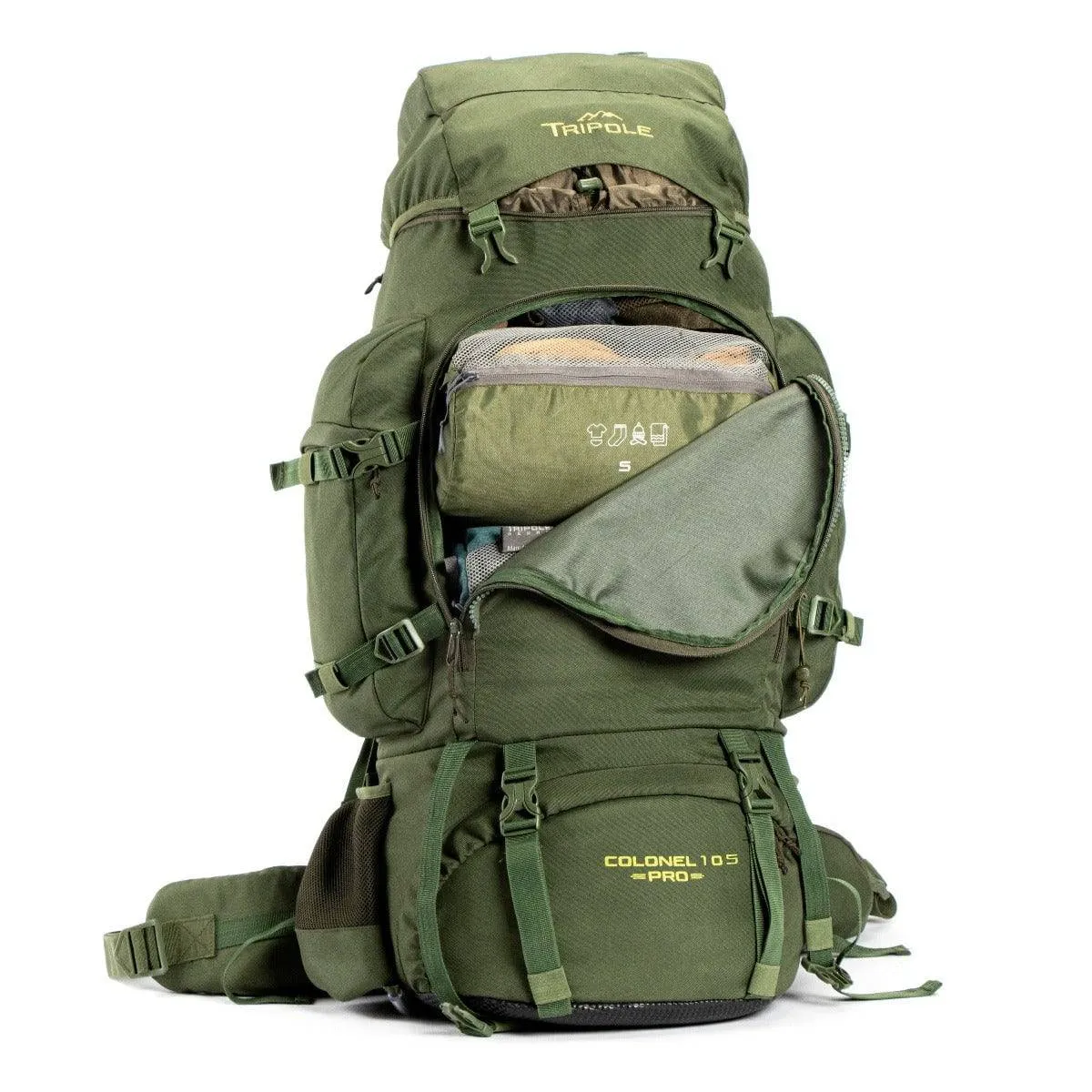 Colonel Pro Metal Frame Rucksack   Detachable Bag & Rain Cover - 105 Litres - Army Green