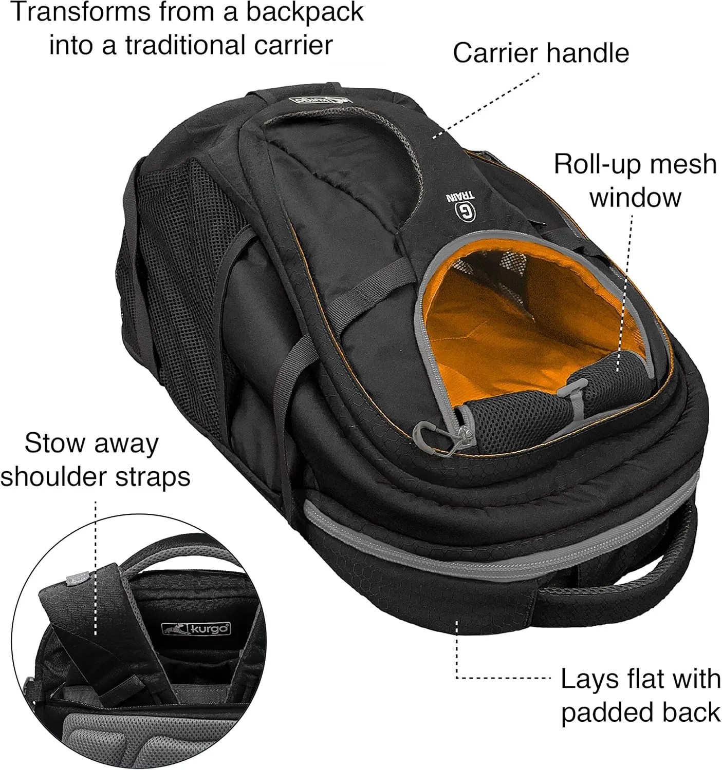 Kurgo G-Train K9 Pack, Carrier Backpack for Small Dogs and Cats