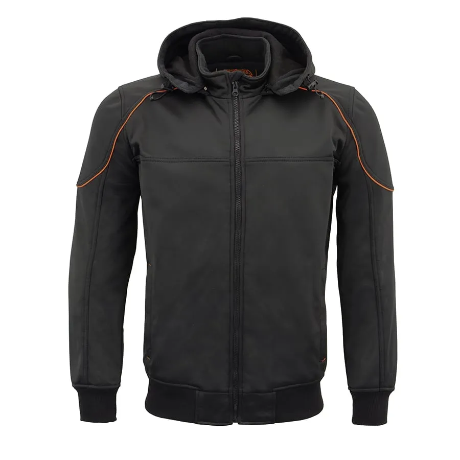 Mens Soft Shell Armored Racing Style Jacket w/ Detachable Hood