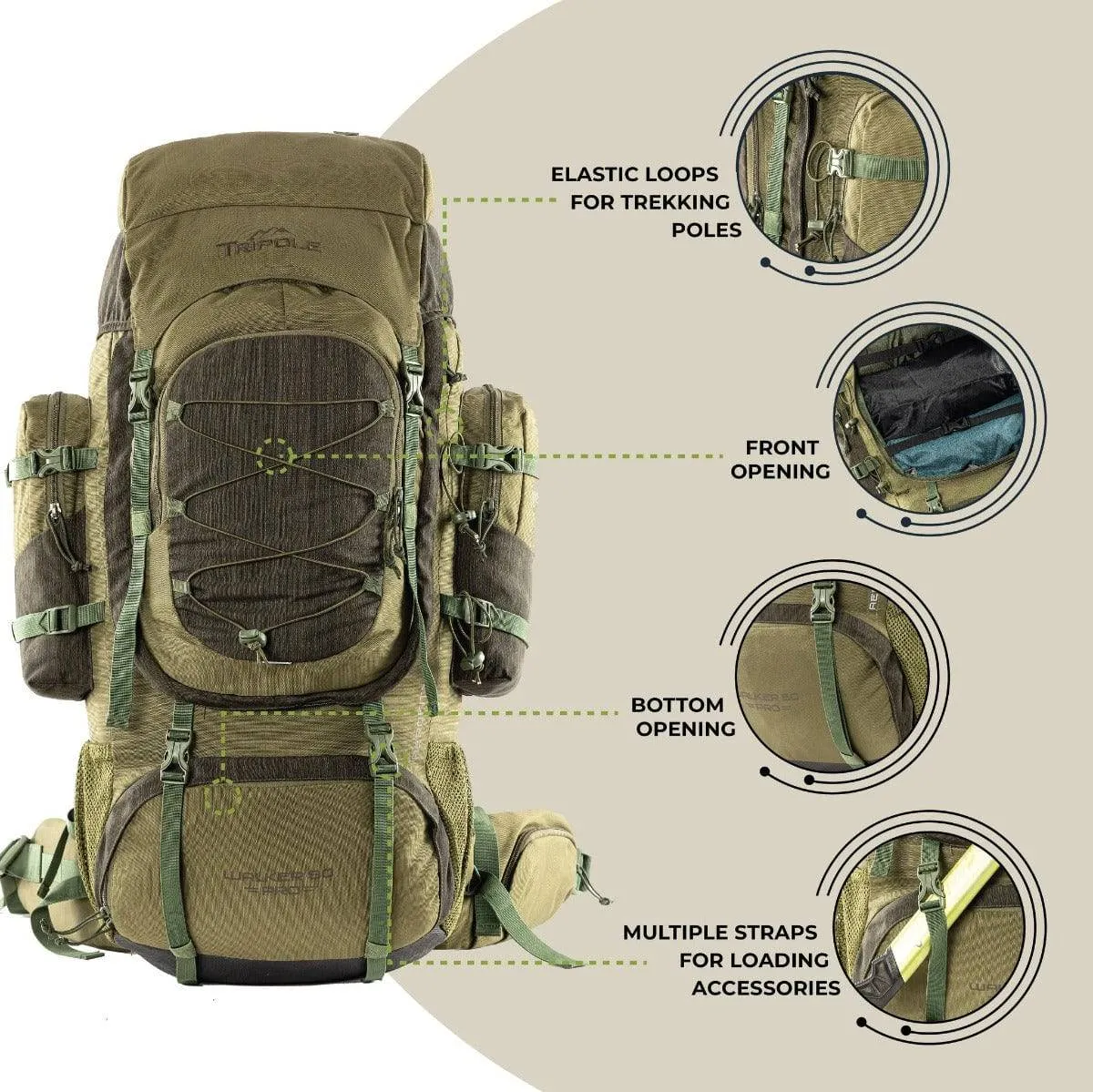 Walker Pro Trekking and Hiking Rucksack - 80 Litre - Olive Green